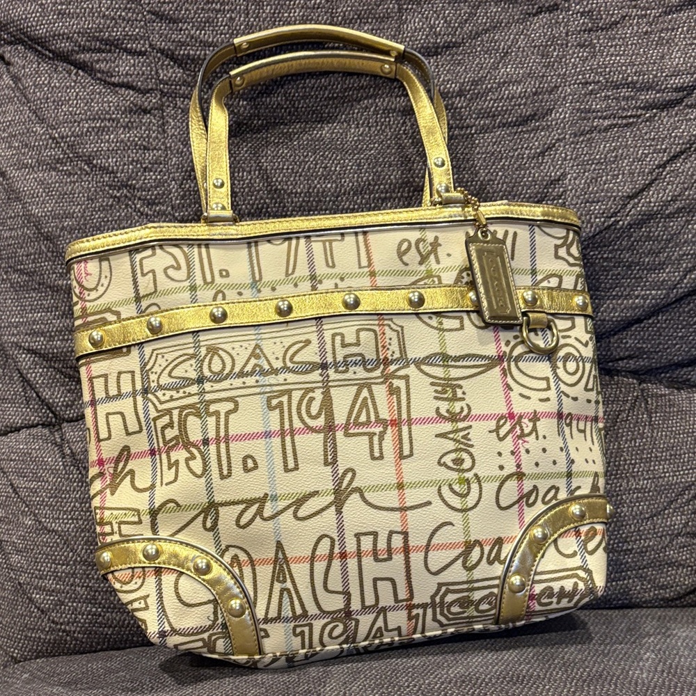 Coach Heritage Tattersall Graffiti Gold Tote Bag - Picture 2 of 12